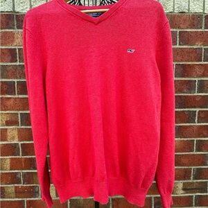 Vineyard Vines Men's Soft-Hued Red V-Neck Sweater Cotton Cashmere Whale Logo L